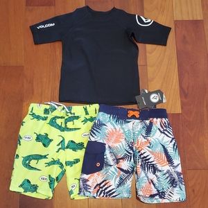 Boys size 5 Volcom rash guard & Target swim trunks